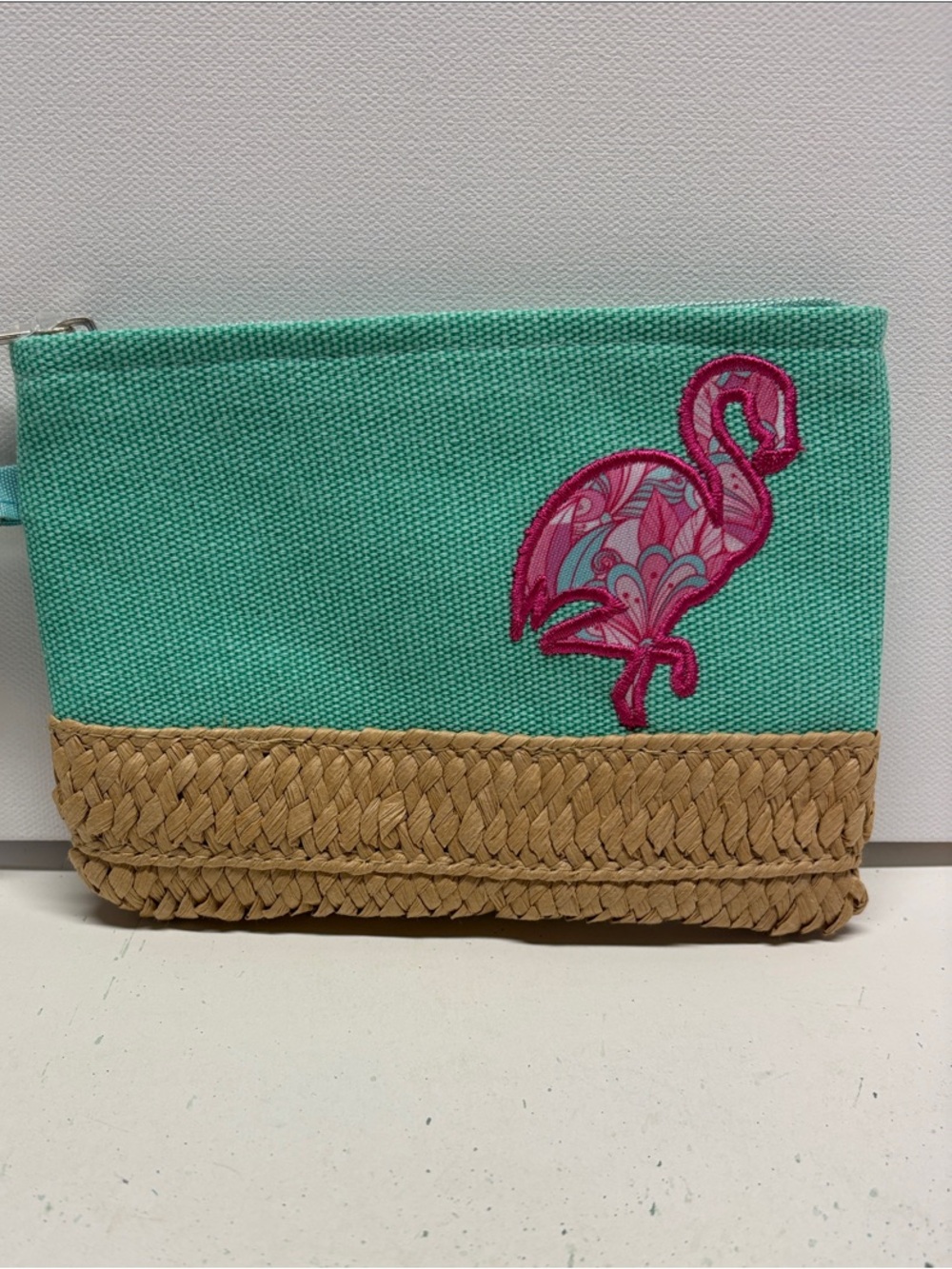 Teal Canvas & Woven Straw Flamingo Wristlet Clutch